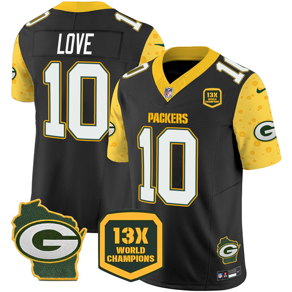 Men's Green Bay Packers #10 Jordan Love Cheese Black 2024 F.U.S.E. 13 Time World Champions And Home Patch Vapor Untouchable Limited Stitched Football Jersey Men's Green Bay Packers #10 Jordan Love Cheese Black 2024 F.U.S.E. 13 Time World Champions And Home Patch Vapor Untouchable Limited Stitched Football Jersey